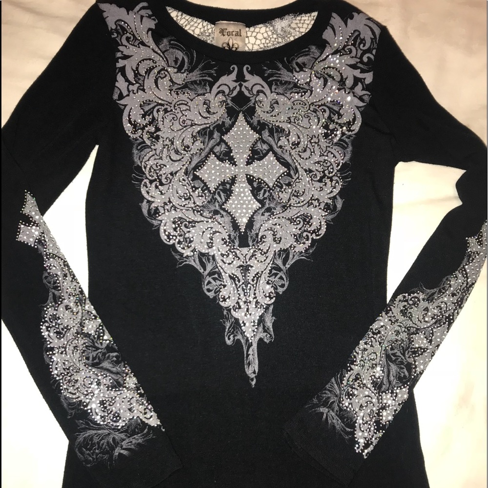 NWOT Vocal Rhinestone & Lace LS Top GORGEOUS! SALE